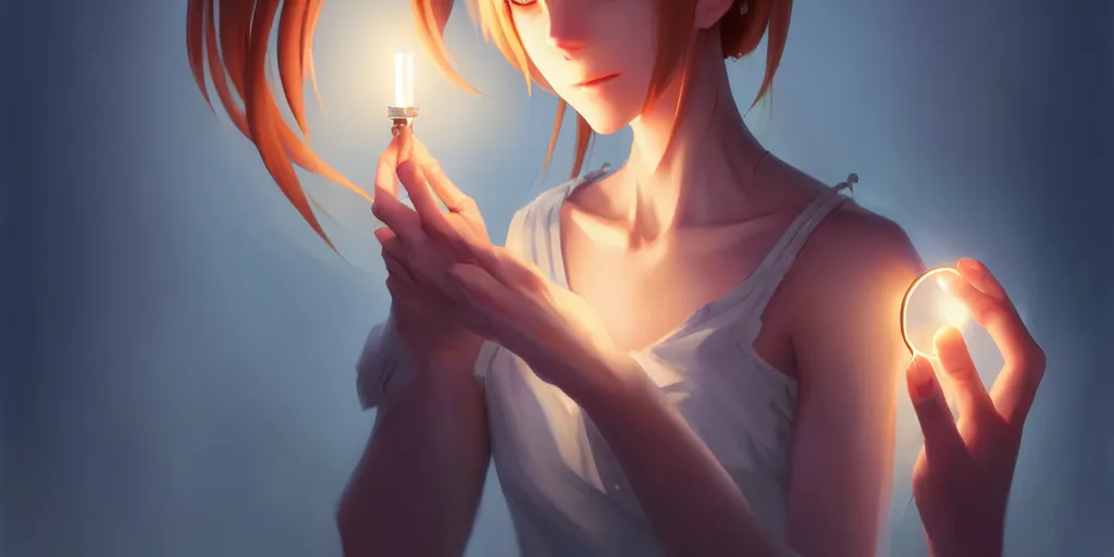 Image similar to a beautiful nordic anime woman holding a light source inside her hands, expert high detail concept art, character design, perfect proportions defined faces, vivid colors, photorealistic shaded lighting poster ilya kuvshinov, katsuhiro, makoto shinkai, wlop, loish and clamp style, trending on artstation, best selling artist