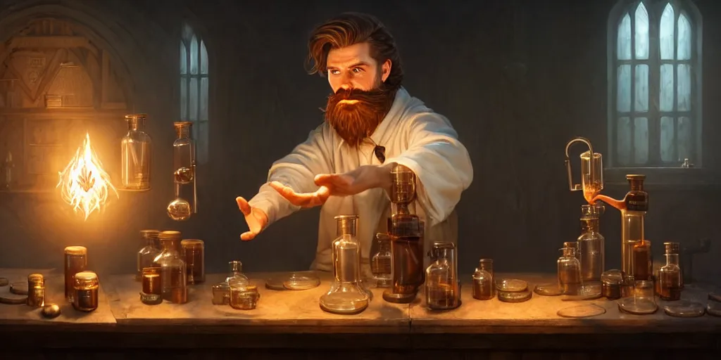 Prompt: a handsome bearded white male wizard with brown hair he is casting a spell emanating from his hands, he is in a alchemist workshop filled with beakers and equipment, neutral hand pose, sharp focus, waist up, 4 k, by greg rutkowski, rudy siswanto and anna podedworna