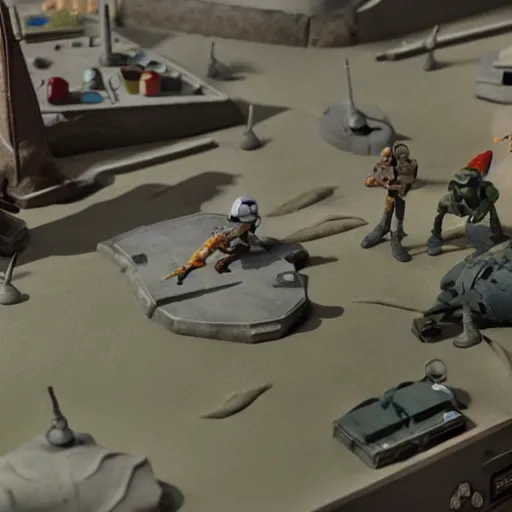 Prompt: a claymation model of a star wars battlefield