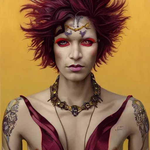 Image similar to a gorgeous and androgynous half - elf with dark skin tone and messy short red hair and catlike features with yellow eyes with slit pupils, dressed in a colorful jodhpuri suit, dnd character, golden aura, realistic portrait by ross tran and kehinde wiley and gerald brom and fernando amorsolo and alphonse mucha, trending on artstation