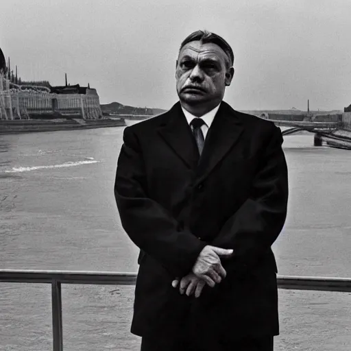 Prompt: leader of fascist hungary, viktor orban, overseeing the war torn city on the bank of danube river in budapest during the siege 2 0 2 2, by edward hopper