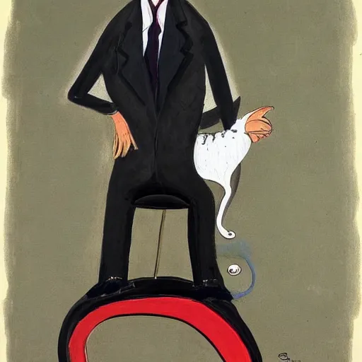 Image similar to a detailed portrait painting of a man with a cat on his back by gerald scarfe