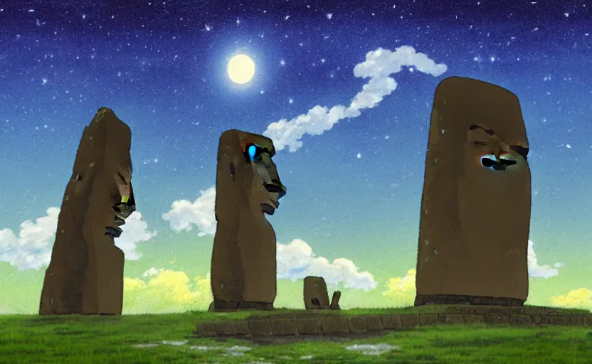 Image similar to a cell - shaded studio ghibli concept art study of a square dimensional portal doorway in easter island on a misty starry night. water is flowing out of the mouth of the portal. very dull colors, hd, 4 k, hq