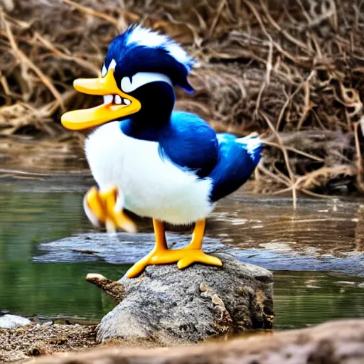 Image similar to real life donald duck, ultra realistic, sharp focus, wildlife photography, award winning photography
