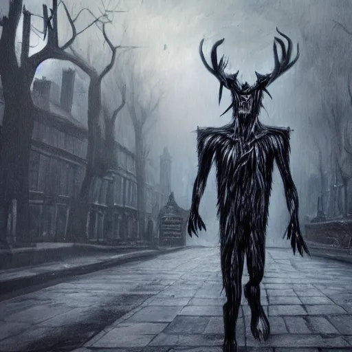 Image similar to ominous wendigo walking through the center of old london city, oil painting, gloomy misty atmosphere, symmetrical, full body image, highly ornate intricate details, very sharp photo,