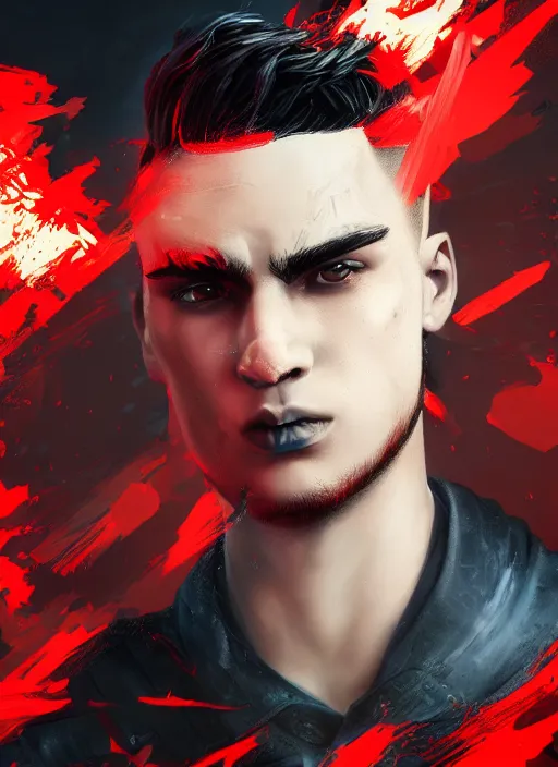 Image similar to An epic fantasy comic book style portrait painting of a young man with black and red undercut haircut, wearing a red shirt, black overcoat, blue jeans. Unreal 5, DAZ, hyperrealistic, octane render, cosplay, RPG portrait, dynamic lighting