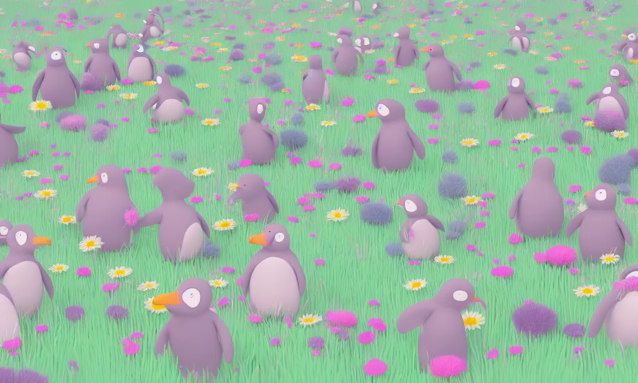 Prompt: penguines, meadow flowers, pastel colors, nordic noire, cityscape, digital art, 3 d illustration