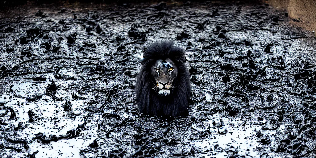 Image similar to the smooth black lion pack, made of smooth black goo, bathing in the black goo moat in the zoo exhibit, viscous, sticky, full of black goo, covered with black goo, splattered black goo, dripping black goo, dripping goo, splattered goo, sticky black goo. photography, dslr, reflections, black goo, zoo, exhibit