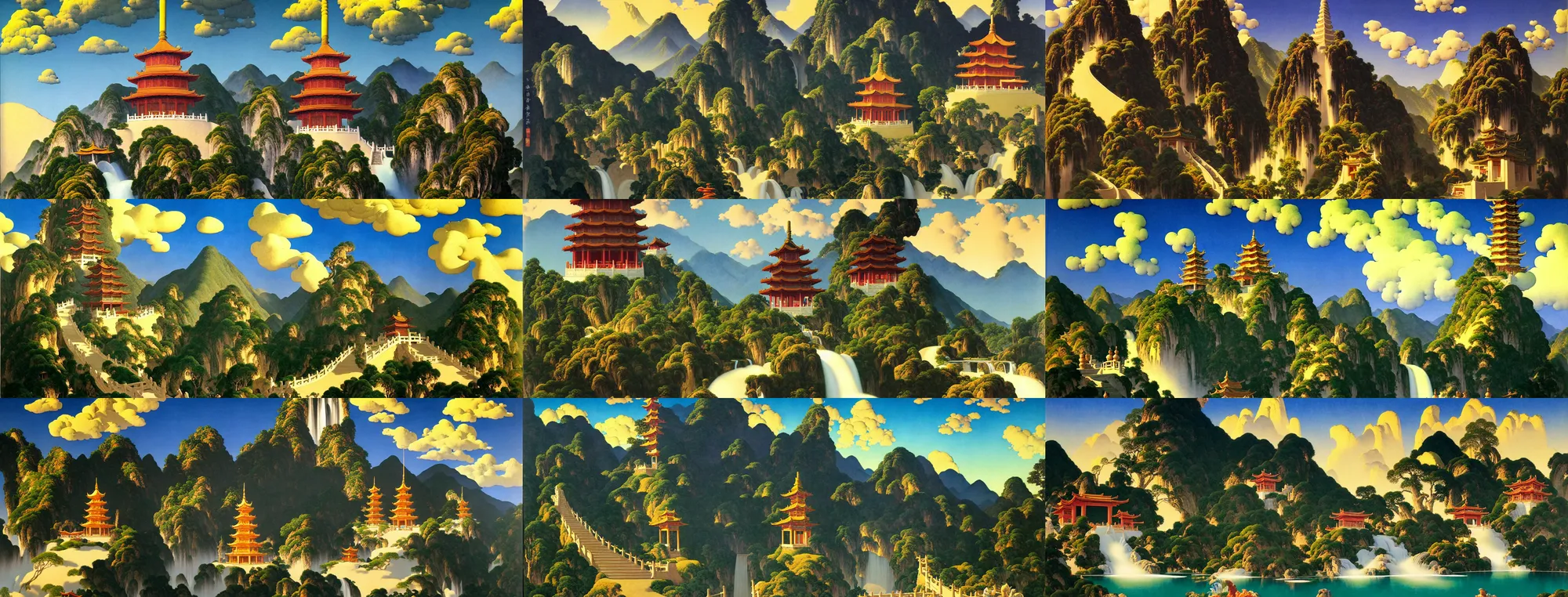 Image similar to a gorgeous painting by maxfield parrish. chinese hanging temple. yungang buddh. the winding steps. stone bridge. clouds in the wind!! ultra clear detailed. 3 d, octane render. water fall farom the mountain.