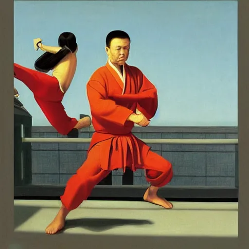 Image similar to a Kung-Fu fight by Raphael, Hopper, and Rene Magritte. detailed, romantic, enchanting, trending on artstation.