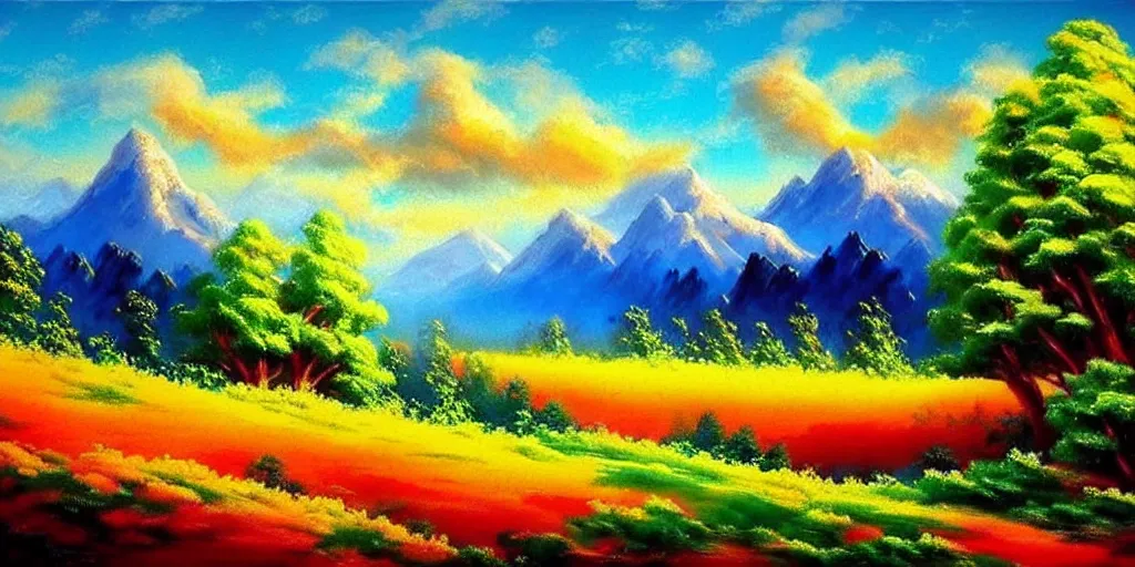 Prompt: a beautiful fantasy landscape art, orange clouds, blue sky and green trees, snowy mountains, art by bob ross