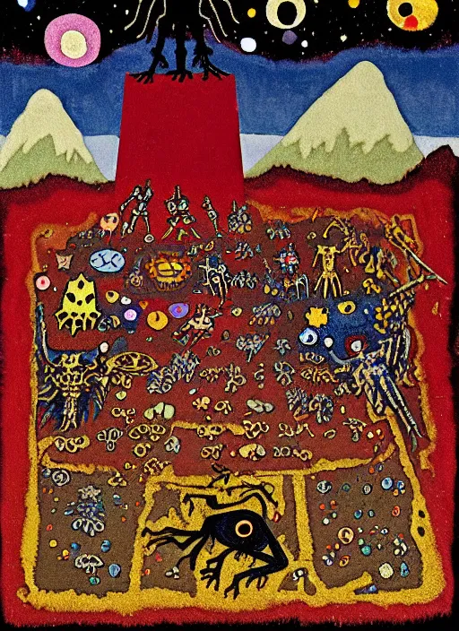 Image similar to pixel decollage painting tarot devil card composition tower of babel road red armor maggot bear and wonky alien frog skeleton knight on a horse in a dark red cloudy night sky with golden foil stars, occult symbols and diamonds, mountain lake and blossoming field in background, painted by mark rothko, helen frankenthaler, danny fox and hilma af klint, pixelated