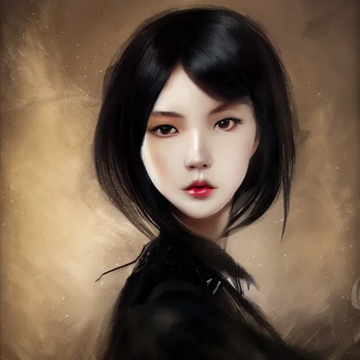 Image similar to a beautiful and elegant girl by wlop, black hair, dream, closeup headshot, high detailed, style of ghost blade, ultra - realistic painting.