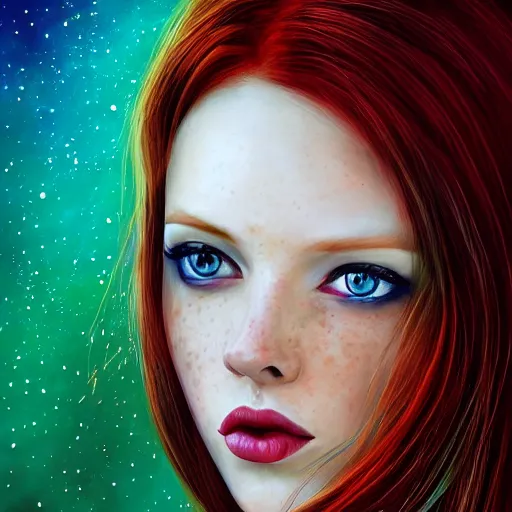 Image similar to a red haired, beautiful woman with blue / green eyes, some freckles, pale skin deep focus, elegant, digital painting, smooth, sharp focus, golden ratio, illustration, ultra realistic, 8 k, art by jasmine becket griffith