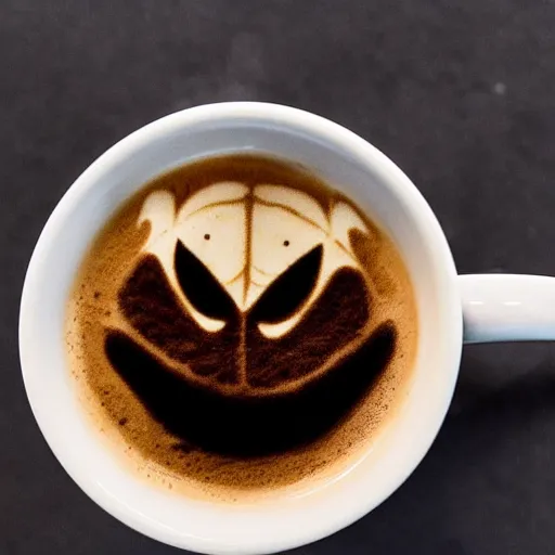 Prompt: cup of coffee, latte art of spider - man face, photo real, warm lighting, coffee shop background, zoomed in on top of cup.