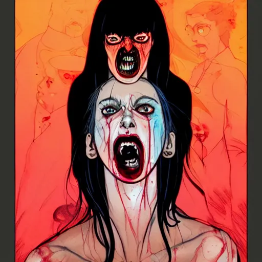 Prompt: a satanic screaming woman with bloody eyes by martine johanna and glen keane, macabre