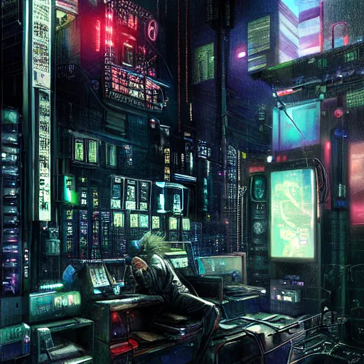 Prompt: cyberpunk dream thief, wires, machines, digital displays, computers, dark moody noir, painted by howard david johnson and james gurney