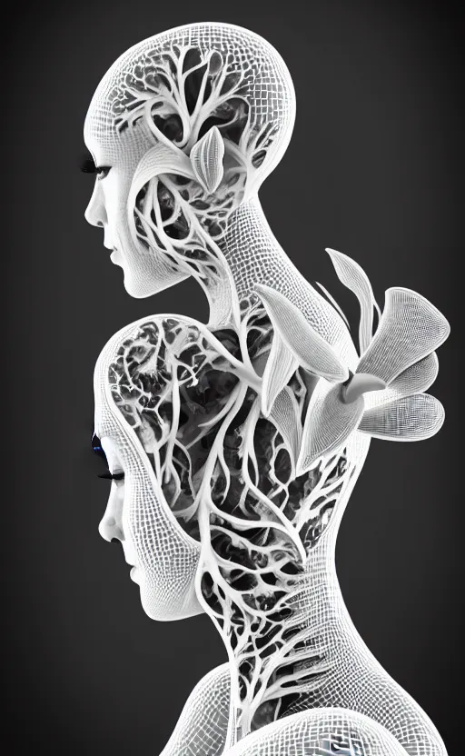 Image similar to a black and white 3D render of a beautiful profile face portrait of a female dragon-orchid-cyborg, 150 mm, flowers, Mandelbrot fractal, anatomical, flesh, facial muscles, wires, microchip, veins, arteries, full frame, microscopic, elegant, highly detailed, flesh ornate, elegant, high fashion, rim light, octane render in the style of H.R. Giger and Man Ray