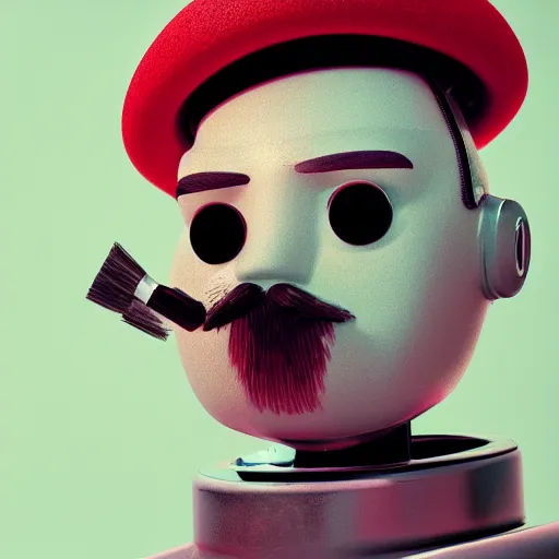 Image similar to portrait of a robot with a moustache wearing beret holding big paintbrush, big head, high detail, beautiful light, depth of field, sharp focus, clean design, 4 k, pixar, low saturation, octane render