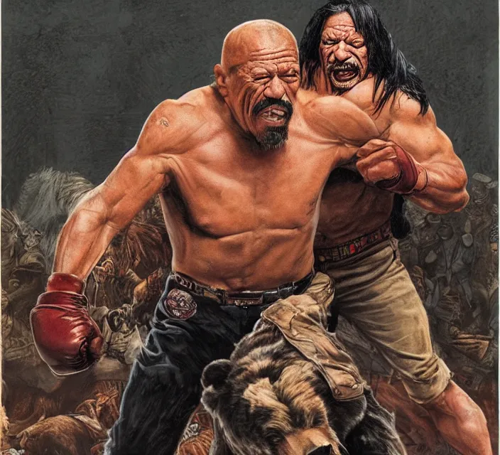 Prompt: danny trejo fighting a bear franklin booth