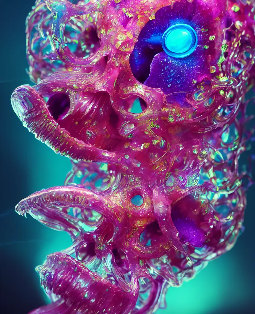 Image similar to close-up portrait of skull dichroic orchid jellyfish skull, betta fish, bioluminiscent creatures, intricate artwork by Tooth Wu and wlop and beeple. octane render, trending on artstation, greg rutkowski very coherent symmetrical artwork. cinematic, hyper realism, high detail, octane render, 8k