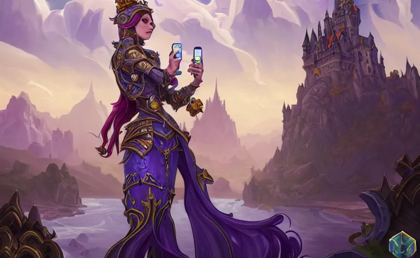 Prompt: bored woman checking her phone with amazing landscape with castle in background, fantasy, whimsical, dungeons and dragons, league of legends splash art, heroes of the storm splash art, hearthstone splash art, world of warcraft splash art, overwatch splash art, art by artgerm, art by alphonse mucha, intricately detailed, highly detailed, trending on artstation,