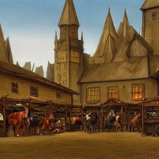 Image similar to a medieval horse market, by john howe