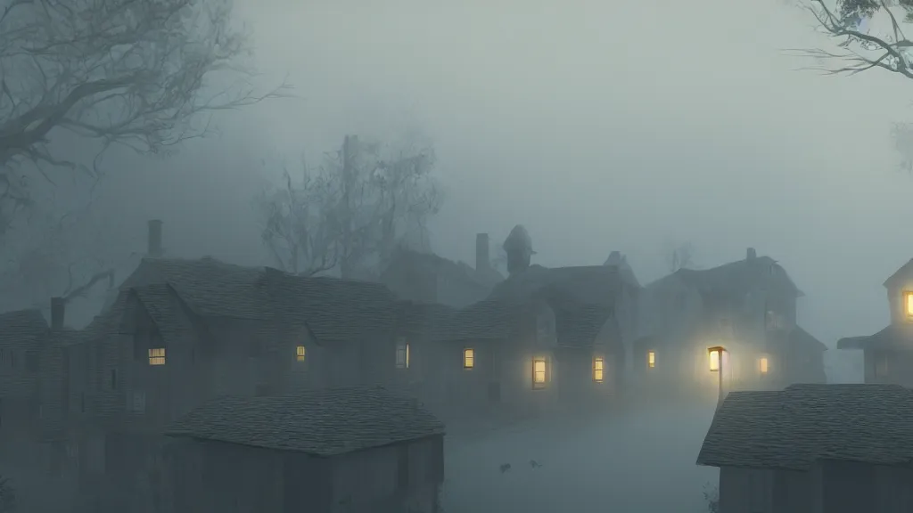 Image similar to village with many beautiful houses in the fog, fog, volumetric lighting, mystique, atmospheric, in the style of the game inside, sharp focus, ultra detailed, noir arthouse, 4 k, cinematic, 3 5 mm