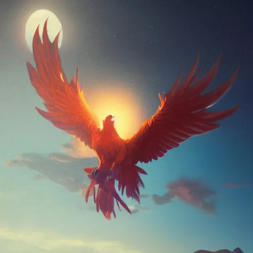 Image similar to phoenix flying in front of the moon, glowing light, fire, oil painting, octane render, greg rutkowski, 8 k