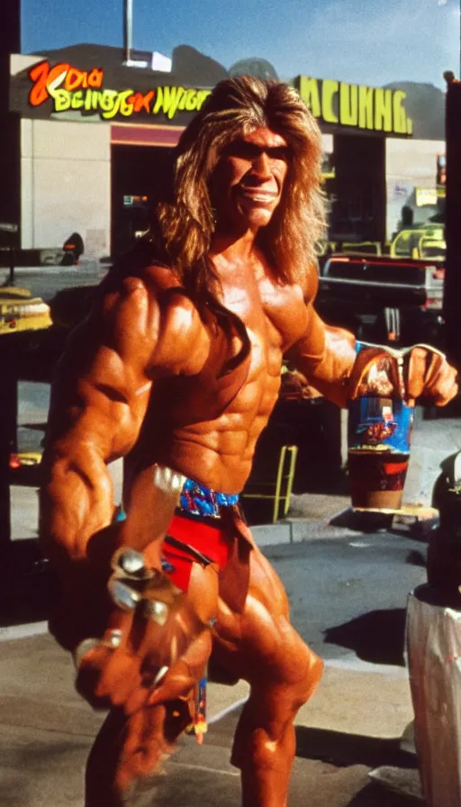 Prompt: a photograph of the ultimate warrior flexing at a 8 0 s burger king, kodachrome, cinecolor, 8 k, high resolution,