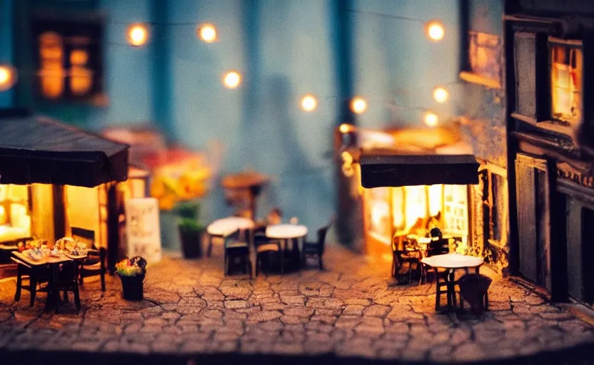 Image similar to mini cafe diorama macro photography, cafe for felted animals, alleyway, ambient, atmospheric photograph, string lights, romantic