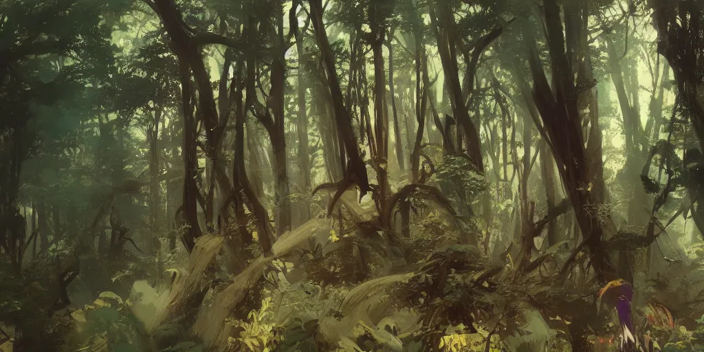 Image similar to animation background painting of a forest, intricate, elegant, highly detailed, greg manchess, mucha, liepke, ruan jia, jeffrey catherine jones, ridley scott