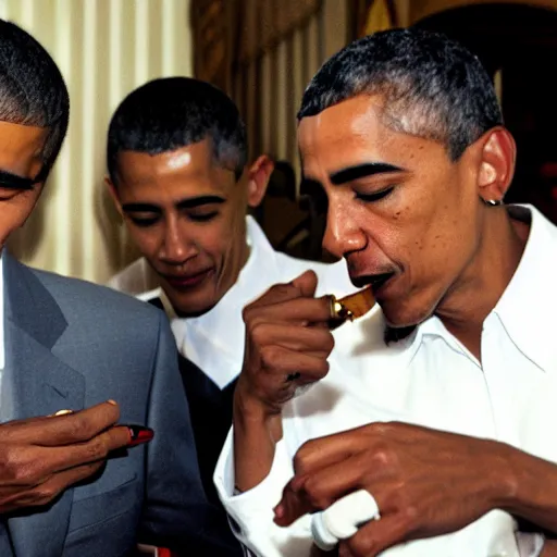 Prompt: a photograph of tupac and barack obama smoking a joint together at the white house in 2 0 0 8, 4 k