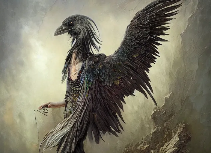 Prompt: an old hippie with raven wings, metal shiny feather skin. intricate, elegant, highly detailed, centered, digital painting, artstation, concept art, smooth, sharp focus, illustration, artgerm, tomasz alen kopera, peter mohrbacher, donato giancola, joseph christian leyendecker, wlop, frank frazetta