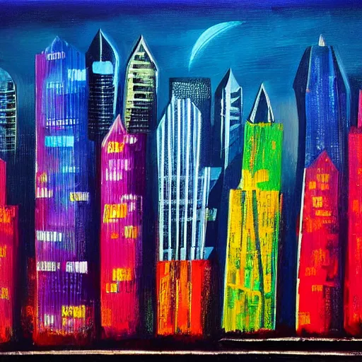 Image similar to sharp edged painting of a city skyline with colorful buildings and a dark night sky in the background