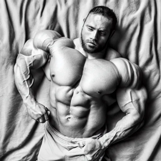 Prompt: huge muscles bodybuilder with head of a baby sleeping in a crib, barrel chested, rippling muscles, huge veins, bulging muscles, ripped, award winning photography, high detail
