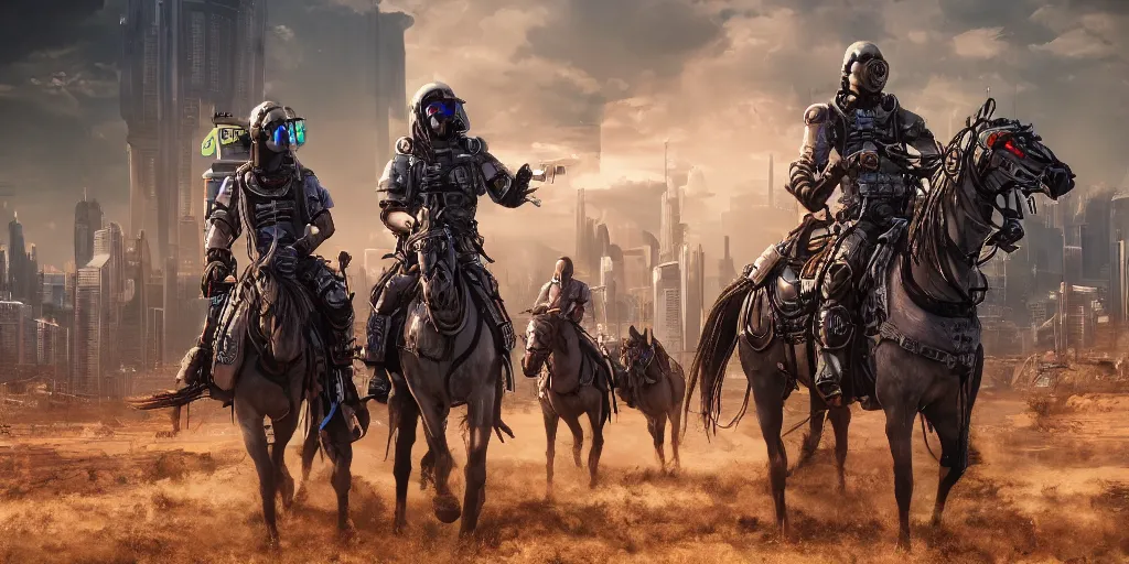 Image similar to highly detailed render of cyberpunk horsemen of the apocalypse, hyperrealistic, 8 k
