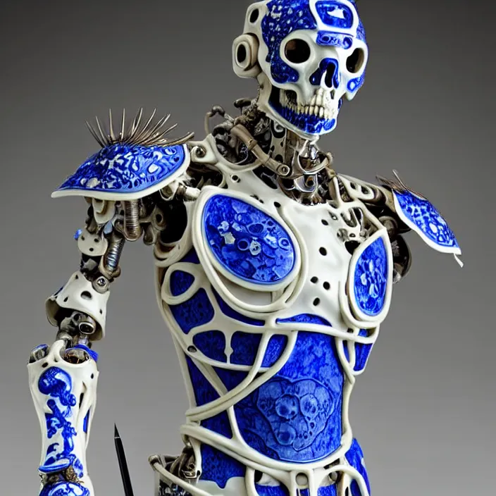 Image similar to bone cyborg armor, chinese blue and white porcelain 1 4 th century, diffuse lighting, fantasy, intricate, elegant, highly detailed, lifelike, photorealistic, digital painting, artstation, illustration, concept art, smooth, sharp focus, art by john collier and albert aublet and krenz cushart and artem demura and alphonse mucha