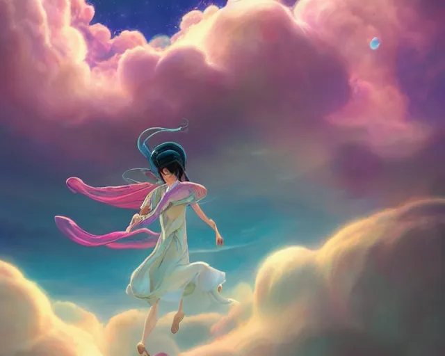 Prompt: An epic fantasy comic book style portrait painting of a very beautiful ethereal Nujabes floating above the vibrant clouds , soft pastel colors, dreamy colorful haze, character design by Mark Ryden and Pixar and Hayao Miyazaki, unreal 5, DAZ, hyperrealistic, octane render, cosplay, RPG portrait, dynamic lighting, intricate detail, summer vibrancy, cinematic