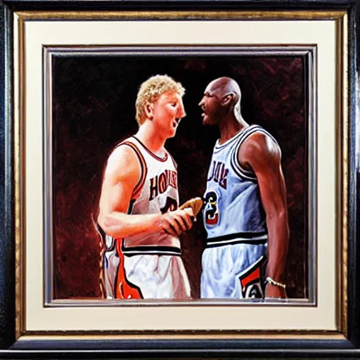 Prompt: portrait of larry bird and michael jordan sharing hotdogs, an oil painting by ross tran and thomas kincade w 7 6 8