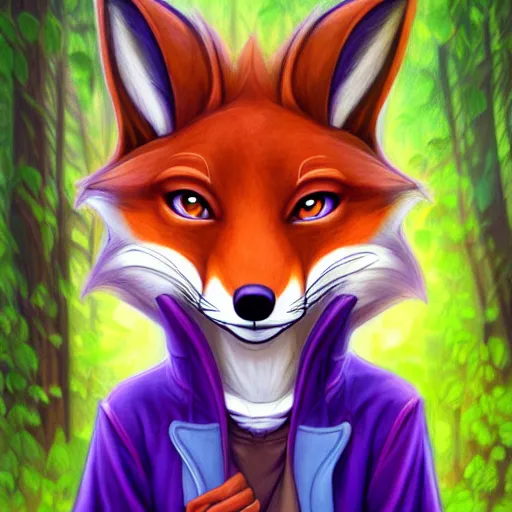 Prompt: don bluth, artgerm, anthropomorphic fox girl, purple vest, smiling, symmetrical eyes symmetrical face, bright colorful forest background