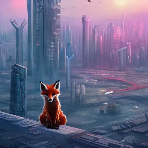 Image similar to an anthropomorphic fox, holding her hands together behind her back staring over a futuristic city from the top of a roof, wide shot, over the shoulder shot, highly coherent, trending on artstation