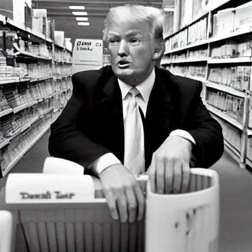 Prompt: Donald Trump working at Kmart in the 1980s, black and white photo,