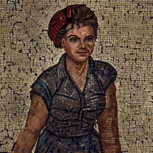 Image similar to a portrait of Rosie the riveter, worn Roman mosaic, found in Pompeii