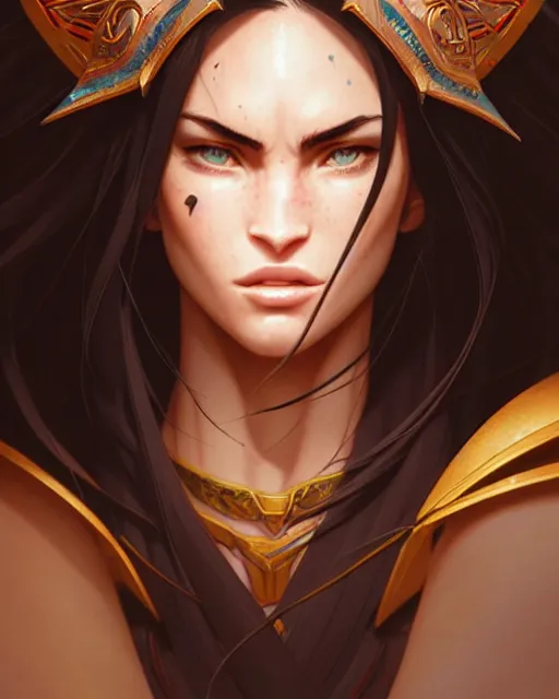 Image similar to azctec warrior, megan fox, detailed perfect face, exquisite details, fire magic, mid view, design on a white background, by studio muti, greg rutkowski makoto shinkai takashi takeuchi studio ghibli