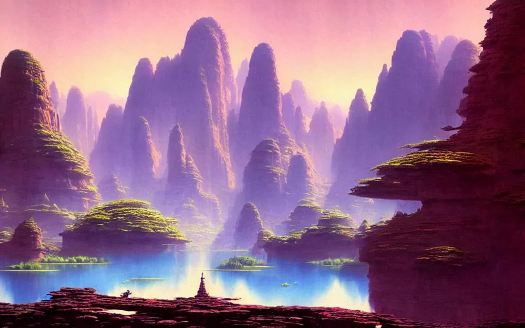 Image similar to a beautiful highly detailed matte painting of an alien planet with giant lotus with a lake surrounded by a canyon and rocks. by bruce pennington concept art