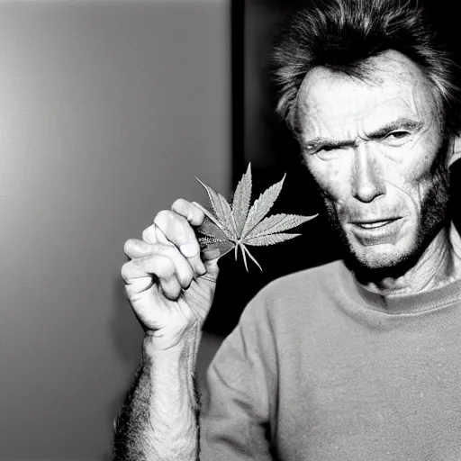 Image similar to Clint Eastwood sniffing a cannabis leaf