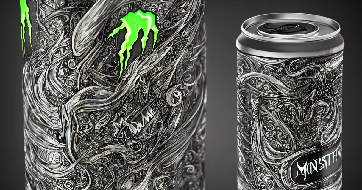 Image similar to aluminian can of monster energy drink, intricate and very very beautiful and elegant, highly detailed, digital painting, artstation, concept art, smooth and sharp focus, illustration