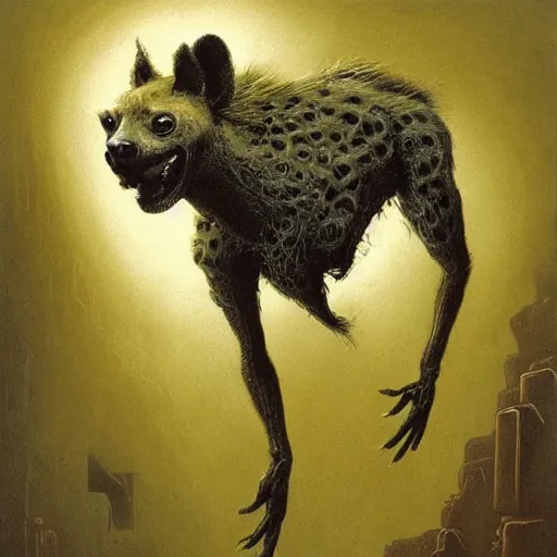Image similar to spider morphed with a hyena, in sewer, highly detailed beksinski art