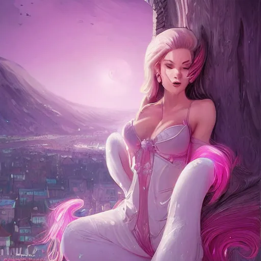 Prompt: Pink Vapor Enchantress Overlooking her Village, illustration, digital art, illustration, artgerm, cgsociety, fantasy, magic